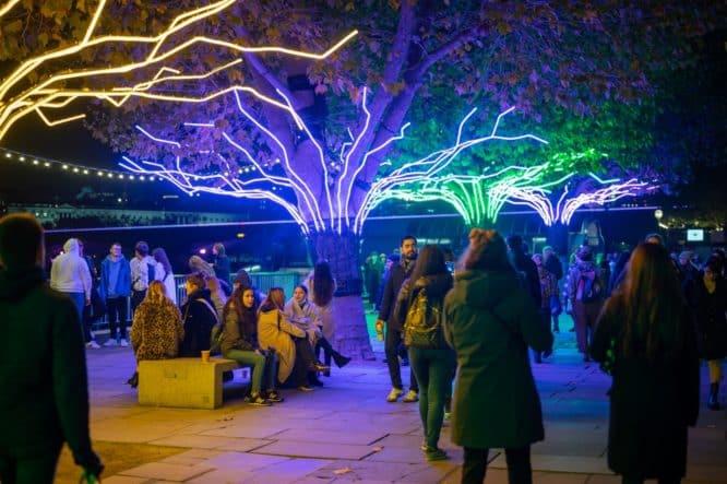 A set of colourful lights covering the trees lining Southbank 